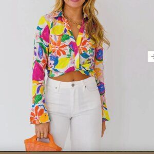 NWOT Fore Multicolored Bell Sleeve V-Neck Blouse